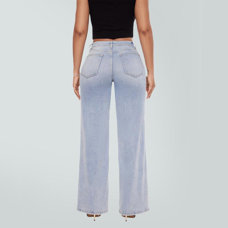 Mid-low Rise Baggy Jeans Stretchy Wide Leg for Women Distressed Pants Womenswear Bottom Lady Basic Minimalist Comfortable Denim Tummy Control Curve Hugging-OA