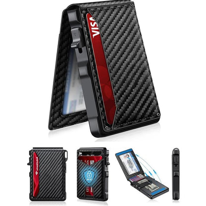 Minimalist Men’s Slim Wallet: 9 - 13 Cards, Money Clip, ID Window. RFID - Blocking, Aluminum Bifold Pop - Up-OA