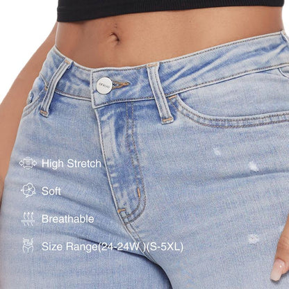 Mid-low Rise Baggy Jeans Stretchy Wide Leg for Women Distressed Pants Womenswear Bottom Lady Basic Minimalist Comfortable Denim Tummy Control Curve Hugging-OA