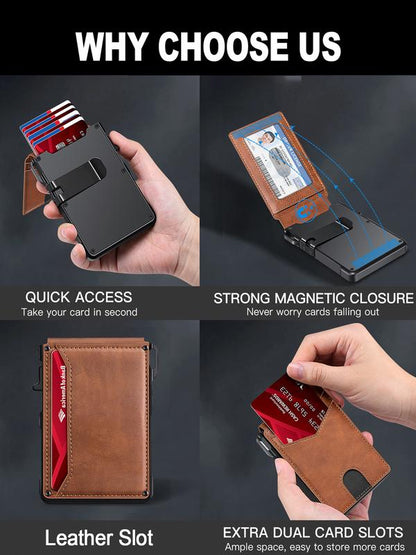 Minimalist Men’s Slim Wallet: 9 - 13 Cards, Money Clip, ID Window. RFID - Blocking, Aluminum Bifold Pop - Up-OA