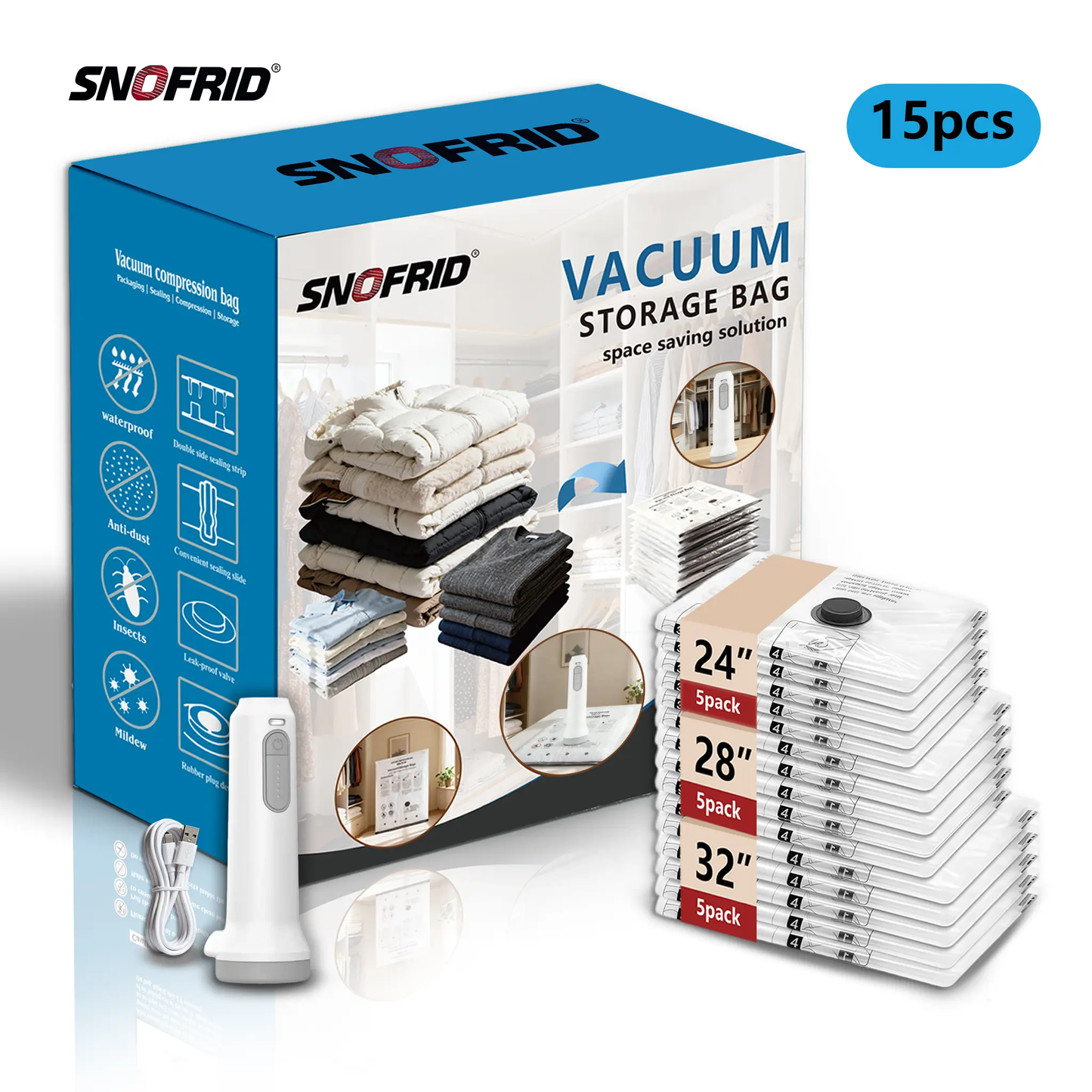 🔥[5𝟎% 𝐎𝐅𝐅 𝐋𝐀𝐒𝐓 𝐓𝐇𝐑𝐄𝐄 𝐃𝐀𝐘𝐒]Cordless Travel Vacuum Storage Compression Bag Set – 15-Pack in 3 Sizes – USB Rechargeable Handheld Pump with Built-In Battery – Waterproof & Reusable Space Saver for Clothes & Packing, Perfect for Carry-On Suitcases-JKL