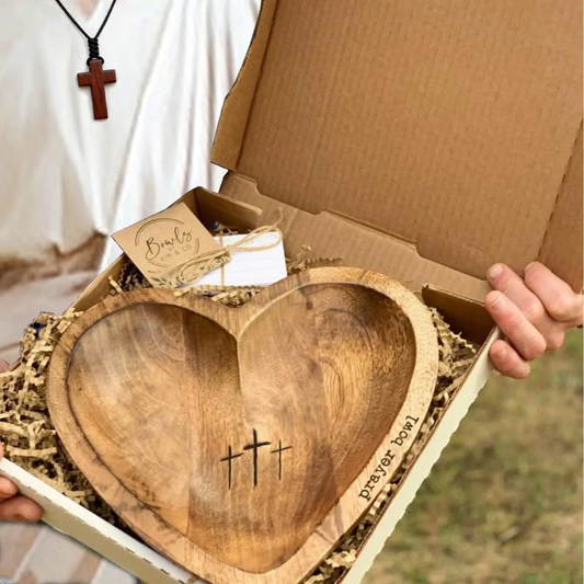 🔥Wooden heart-shaped prayer bowl with 24 prayer cards; handcrafted vintage-style prayer bowl featuring cross and letter motifs; home decor for living rooms, bedrooms, and churches; Christian accessories; home decor; hand-carved-JKL