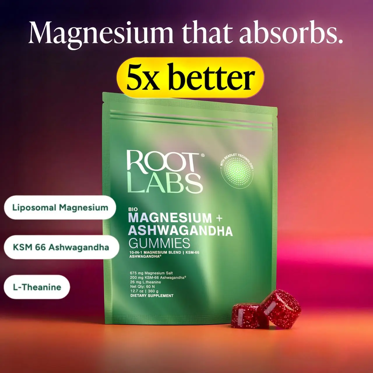 Root Labs Liposomal Magnesium + Ashwagandha Gummies with Beadlet Technology | 675mg Multi-Form Magnesium Salt, 200mg KSM-66 Ashwagandha, 26mg L-Theanine | High Bioavailability Gummies | Stress Relief, Sleep Support & Recovery | 60 Gummies-JKL