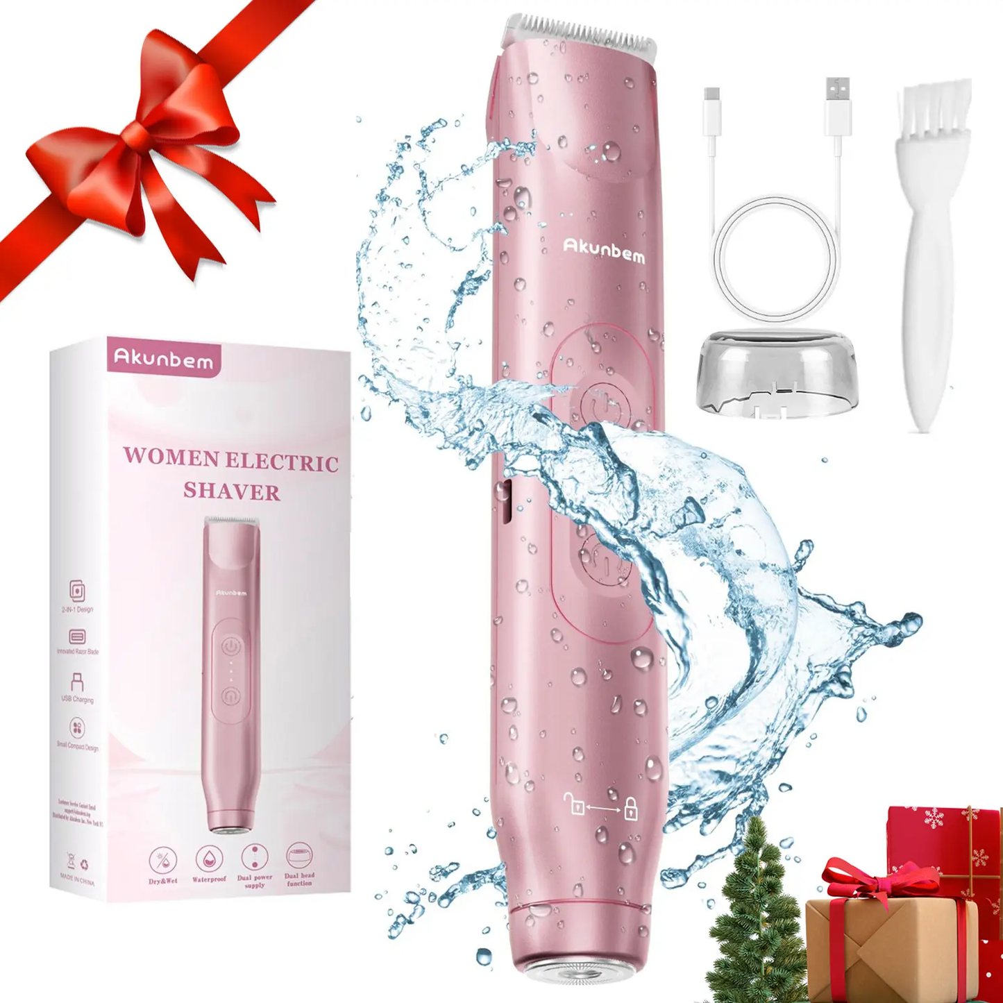 Akunbem Bikini Trimmer for Women, ElectricShaver and Razor Rechargeable 2-in-1 Bodyand Facial Epilator, Dual Heads for PainlessTrimming of Pubic Hair, Face, Underarms andLegs, IPX7 Waterproof. Christmas Gift New YearGift Shaving Grooming-JKL