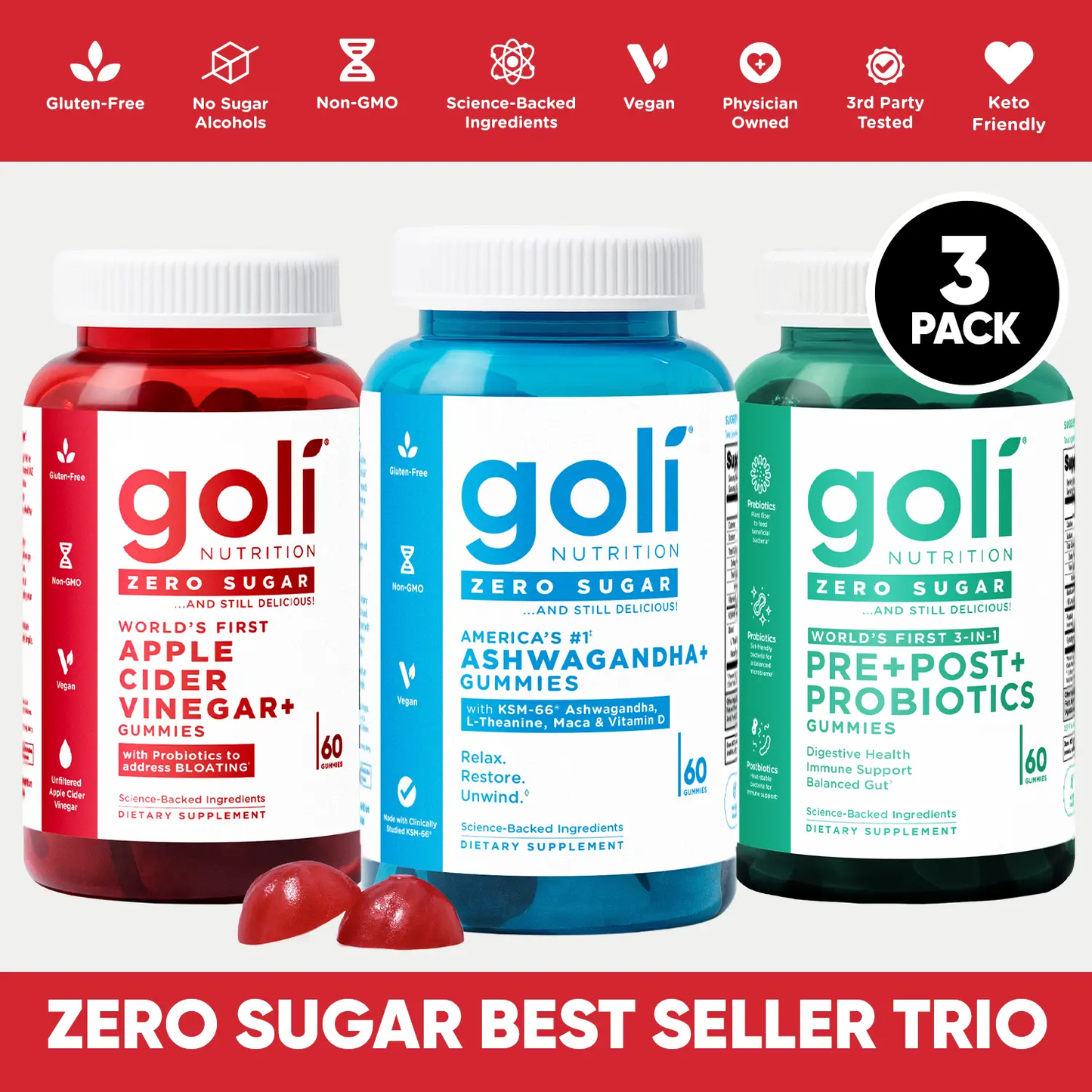 🔥Zero Sugar Best Seller Trio - World's First 3-in-1Pre, Post, Probiotic, Apple Cider Vinegar withVitamin B12 and Probiotics To AddressBloating, Ashwagandha & L-Theanine, VitaminD gummies. Gluten-Free, Vegan, Non-GMO &Gelatin-Free-JKL