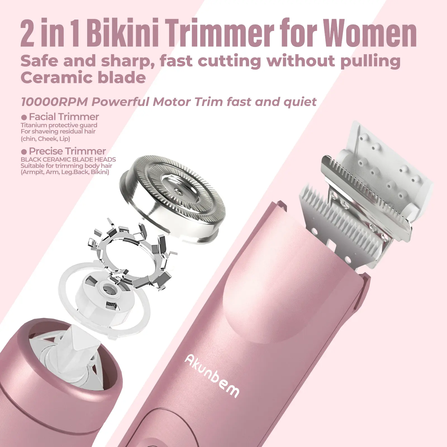 Akunbem Bikini Trimmer for Women, ElectricShaver and Razor Rechargeable 2-in-1 Bodyand Facial Epilator, Dual Heads for PainlessTrimming of Pubic Hair, Face, Underarms andLegs, IPX7 Waterproof. Christmas Gift New YearGift Shaving Grooming-JKL