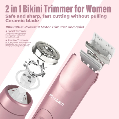 Akunbem Bikini Trimmer for Women, ElectricShaver and Razor Rechargeable 2-in-1 Bodyand Facial Epilator, Dual Heads for PainlessTrimming of Pubic Hair, Face, Underarms andLegs, IPX7 Waterproof. Christmas Gift New YearGift Shaving Grooming-JKL