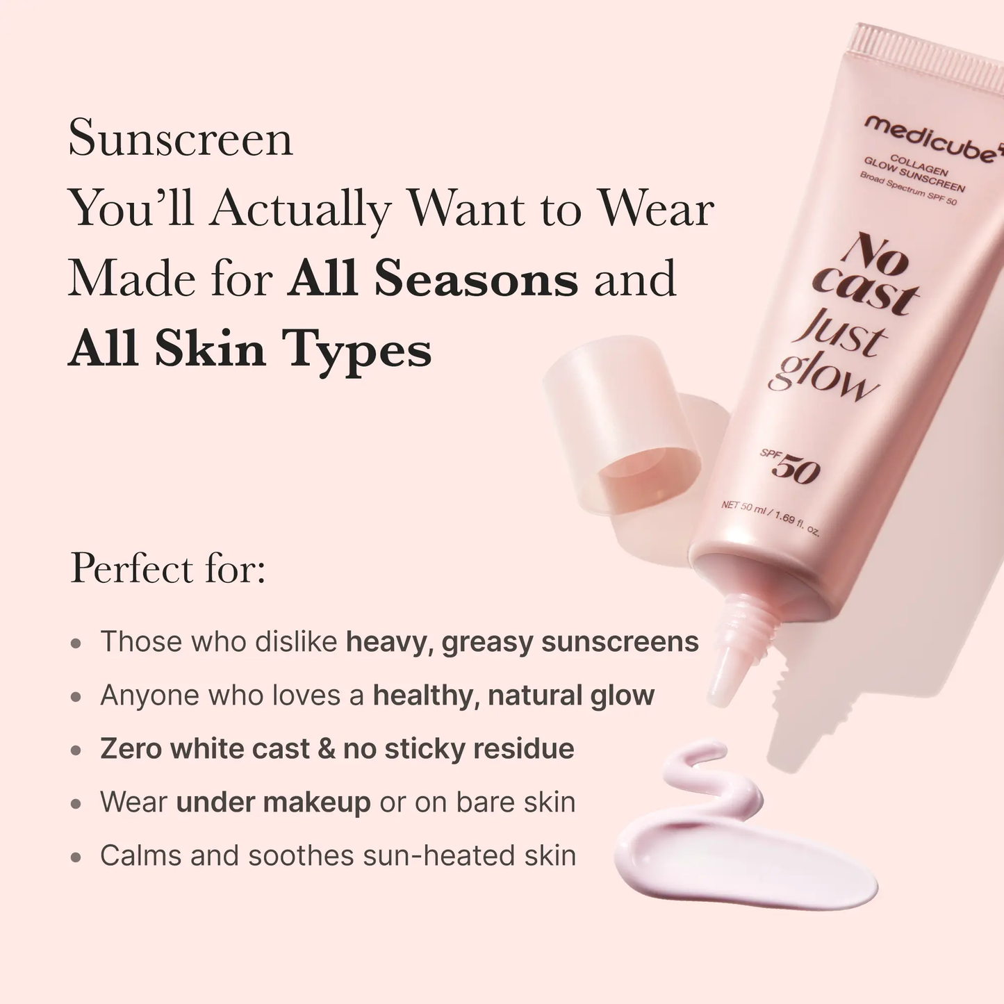 🔥[5𝟎% 𝐎𝐅𝐅 𝐋𝐀𝐒𝐓 𝐓𝐇𝐑𝐄𝐄 𝐃𝐀𝐘𝐒][NEW] [medicube] No Cast Just Glow Collagen Sunscreen | SPF 50 Broad Spectrum Face Sunscreen | Lightweight, Non-Sticky, Hydrating Formula | No White Cast or Residue | Peptide, Cica for Soothing & Natural Glow-JKL