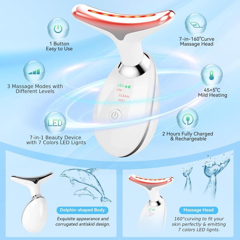 7-in-1 Neck and Face Massager, 7-Color LED Face and Neck Massager, Home Skin Care, Portable Facial Massager, Facial Shaping Tool, Portable, Multi-functional Vibration to Firm Skin-OA