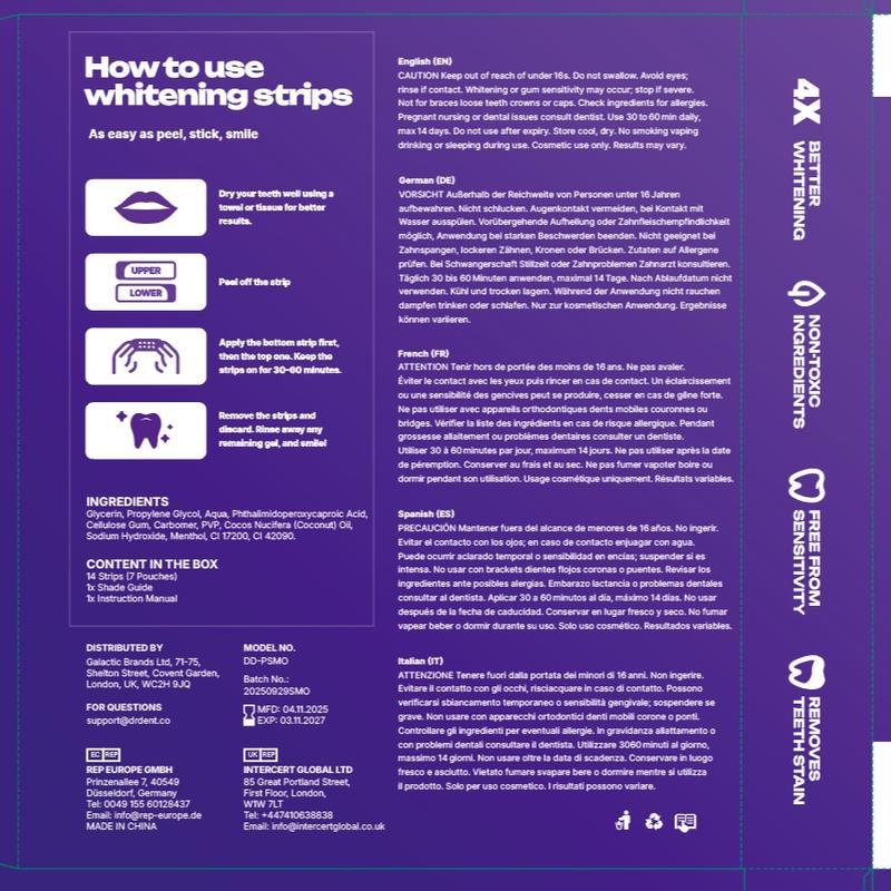 Purple Teeth Whitening Strips - 7/21 Whitening Sessions - Safe for Enamel - Non Sensitive Teeth Whitening - Peroxide-Free-VIP