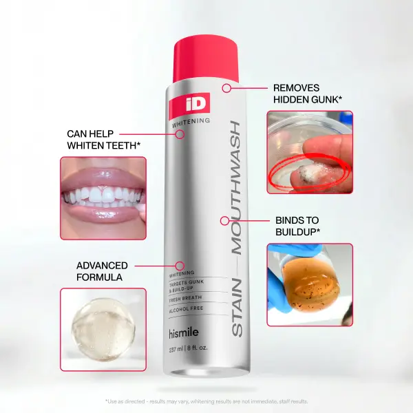 🔥[5𝟎% 𝐎𝐅𝐅 𝐋𝐀𝐒𝐓 𝐓𝐇𝐑𝐄𝐄 𝐃𝐀𝐘𝐒]Hismile iD Stain Whitening Mouthwash for White Teeth, Freshens Breath with Essential Oils 237ml-JKL