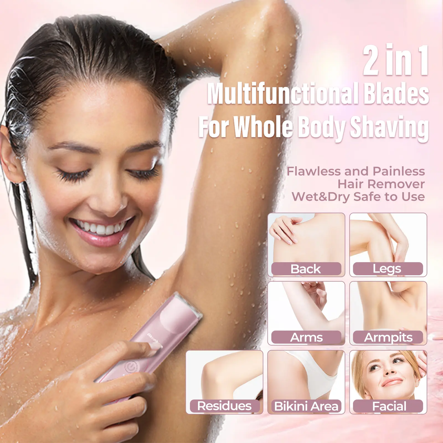 Akunbem Bikini Trimmer for Women, ElectricShaver and Razor Rechargeable 2-in-1 Bodyand Facial Epilator, Dual Heads for PainlessTrimming of Pubic Hair, Face, Underarms andLegs, IPX7 Waterproof. Christmas Gift New YearGift Shaving Grooming-JKL
