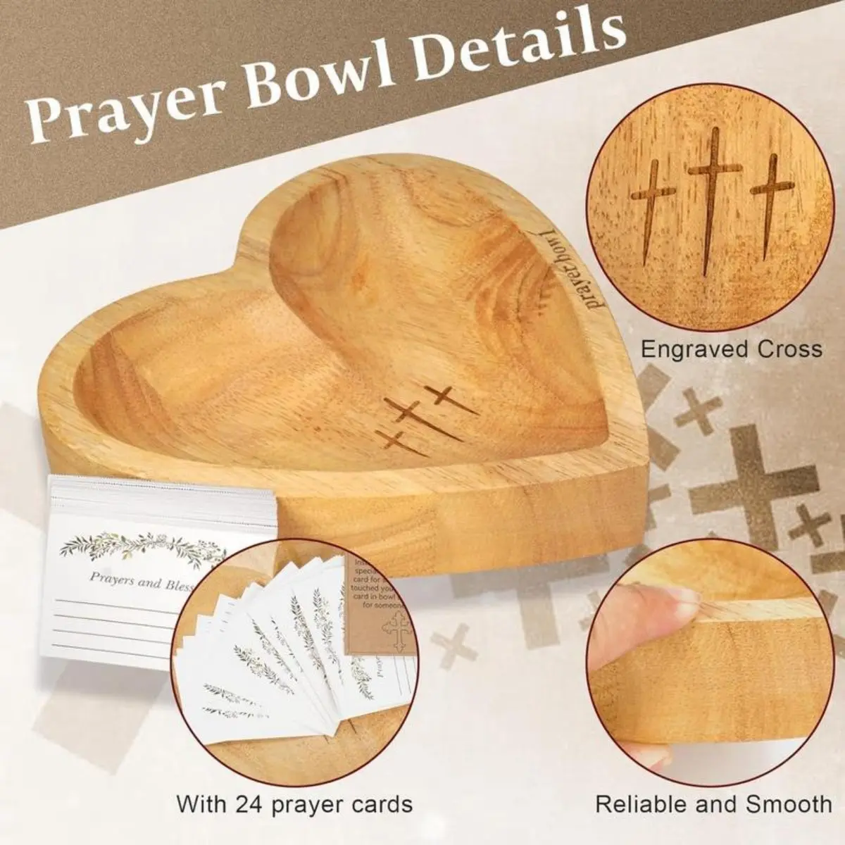 🔥Wooden heart-shaped prayer bowl with 24 prayer cards; handcrafted vintage-style prayer bowl featuring cross and letter motifs; home decor for living rooms, bedrooms, and churches; Christian accessories; home decor; hand-carved-JKL