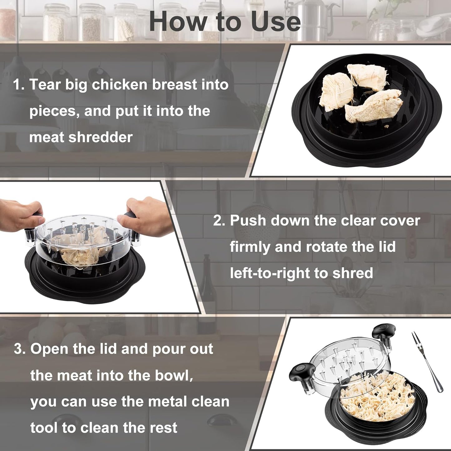 🔥[5𝟎% 𝐎𝐅𝐅 𝐋𝐀𝐒𝐓 𝐓𝐇𝐑𝐄𝐄 𝐃𝐀𝐘𝐒]Chicken Shredder Large Chicken Breast Shredder Tool Twist with Brush&Fork, Visible Meat Shredder Machine, Strong Anti-Slip Strip, Ergonomic Handle, BPA Free, Suitable for Pork Beef Chicken-JKL