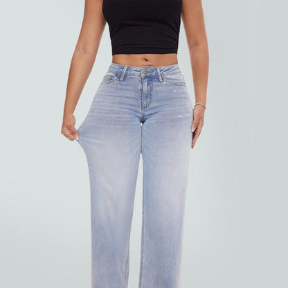 Mid-low Rise Baggy Jeans Stretchy Wide Leg for Women Distressed Pants Womenswear Bottom Lady Basic Minimalist Comfortable Denim Tummy Control Curve Hugging-OA