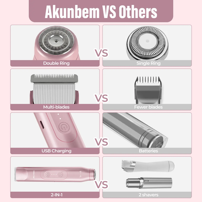 Akunbem Bikini Trimmer for Women, ElectricShaver and Razor Rechargeable 2-in-1 Bodyand Facial Epilator, Dual Heads for PainlessTrimming of Pubic Hair, Face, Underarms andLegs, IPX7 Waterproof. Christmas Gift New YearGift Shaving Grooming-JKL