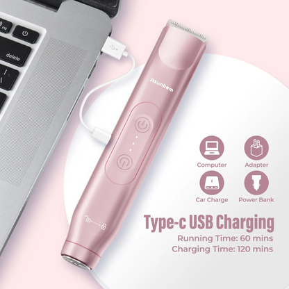 Akunbem Bikini Trimmer for Women, ElectricShaver and Razor Rechargeable 2-in-1 Bodyand Facial Epilator, Dual Heads for PainlessTrimming of Pubic Hair, Face, Underarms andLegs, IPX7 Waterproof. Christmas Gift New YearGift Shaving Grooming-JKL