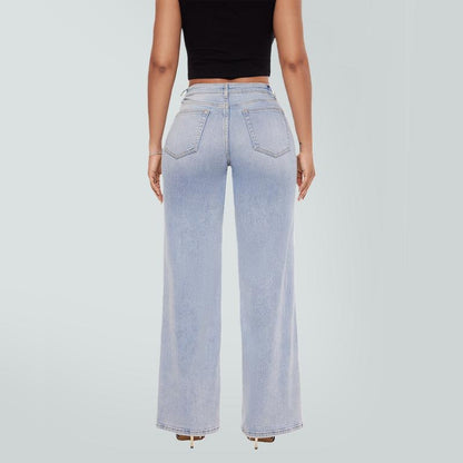 Mid-low Rise Baggy Jeans Stretchy Wide Leg for Women Distressed Pants Womenswear Bottom Lady Basic Minimalist Comfortable Denim Tummy Control Curve Hugging-OA