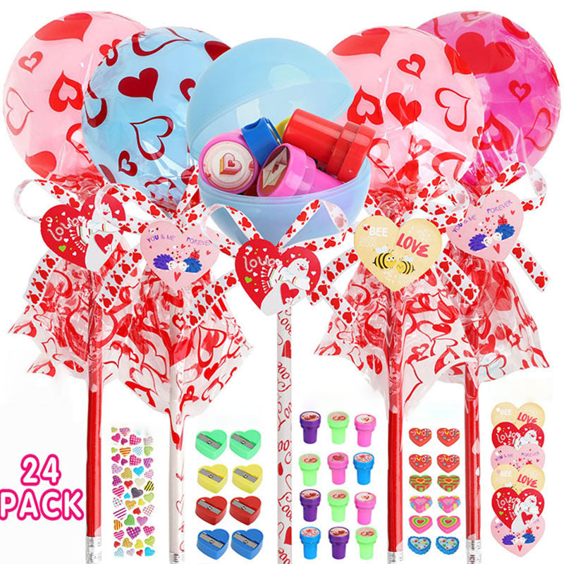Valentines Day Gifts for Kids - Glowing Heart Lollipop-Shaped Stationery Set with Valentine's Cards for School Classroom Class Party Favor Classroom School Exchange Birthday Party Gift,KKK