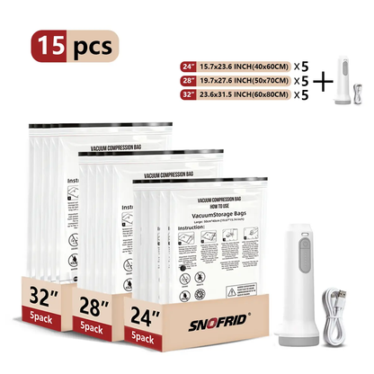 🔥[5𝟎% 𝐎𝐅𝐅 𝐋𝐀𝐒𝐓 𝐓𝐇𝐑𝐄𝐄 𝐃𝐀𝐘𝐒]Cordless Travel Vacuum Storage Compression Bag Set – 15-Pack in 3 Sizes – USB Rechargeable Handheld Pump with Built-In Battery – Waterproof & Reusable Space Saver for Clothes & Packing, Perfect for Carry-On Suitcases-JKL