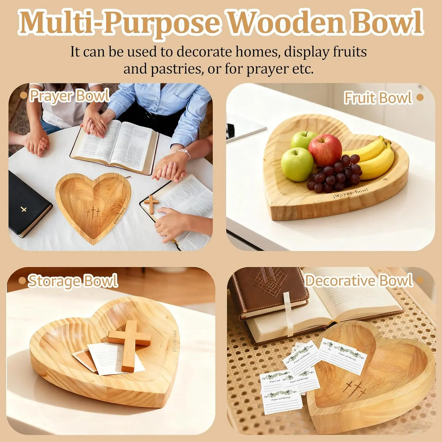 🔥Wooden heart-shaped prayer bowl with 24 prayer cards; handcrafted vintage-style prayer bowl featuring cross and letter motifs; home decor for living rooms, bedrooms, and churches; Christian accessories; home decor; hand-carved-JKL