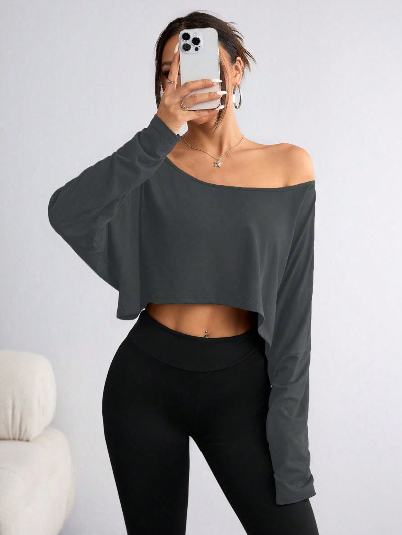 One Shoulder Long Sleeve Thumb Hole Curved Hem High Low Quick Dry Yoga Sports-OA