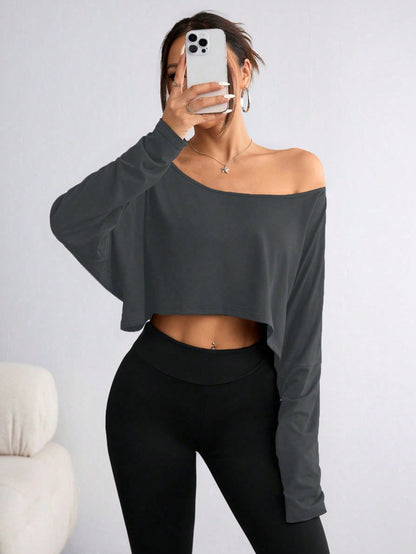 One Shoulder Long Sleeve Thumb Hole Curved Hem High Low Quick Dry Yoga Sports-OA