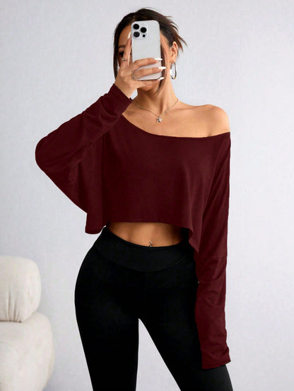 One Shoulder Long Sleeve Thumb Hole Curved Hem High Low Quick Dry Yoga Sports-OA