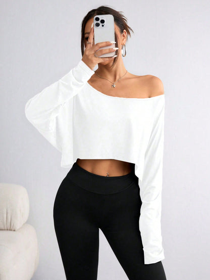 One Shoulder Long Sleeve Thumb Hole Curved Hem High Low Quick Dry Yoga Sports-OA