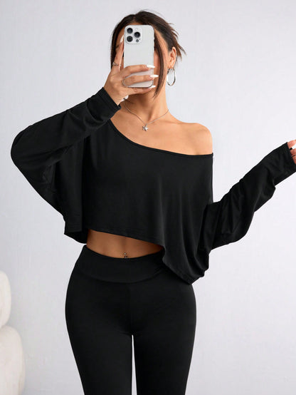 One Shoulder Long Sleeve Thumb Hole Curved Hem High Low Quick Dry Yoga Sports-OA