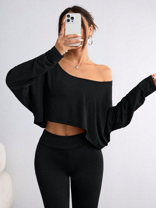 One Shoulder Long Sleeve Thumb Hole Curved Hem High Low Quick Dry Yoga Sports-OA