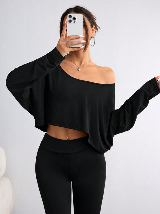 One Shoulder Long Sleeve Thumb Hole Curved Hem High Low Quick Dry Yoga Sports-OA