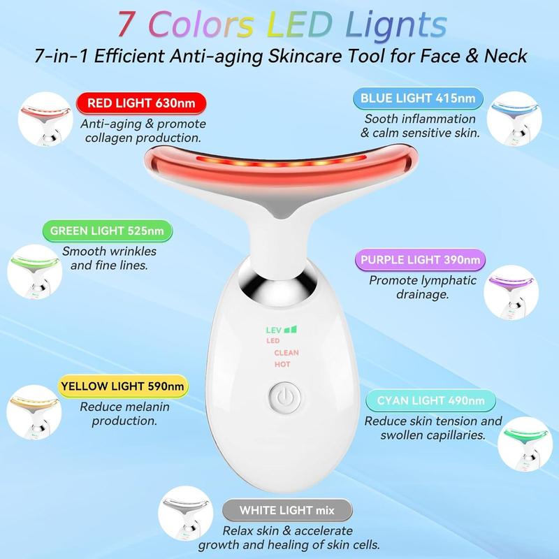 7-in-1 Neck and Face Massager, 7-Color LED Face and Neck Massager, Home Skin Care, Portable Facial Massager, Facial Shaping Tool, Portable, Multi-functional Vibration to Firm Skin-OA