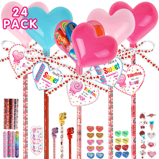 Valentines Day Gifts for Kids - Glowing Heart Lollipop-Shaped Stationery Set with Valentine's Cards for School Classroom Class Party Favor Classroom School Exchange Birthday Party Gift,KKK