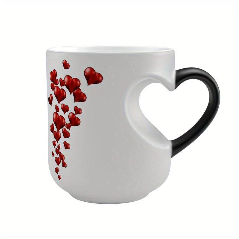 Heart-Shaped Color Changing Ceramic Mug - Hot/Cold Thermochromic Design, Red Heart Pattern, Reusable Coffee Cup for Valentine'S Day, Christmas, Birthdays - Perfect Gift for Holidays & Special Occasions, Coffee Bar Accessories, Festive Drinkware, Roman-OA